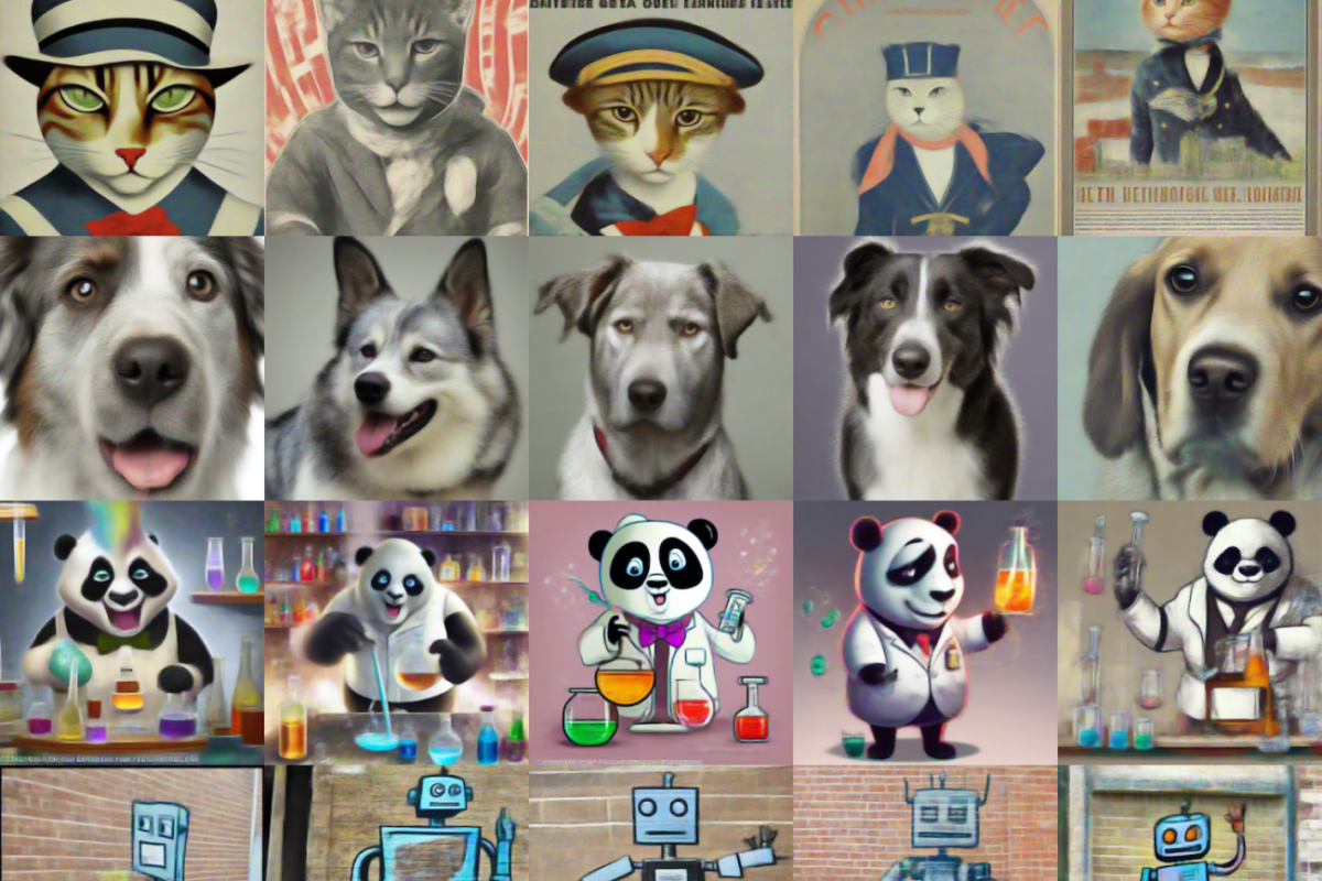 A grid of various images and representations of cats, dogs, cartoon panda scientists and robots