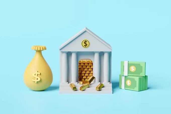The image shows a bag of money, a representation of a government building with gold bars inside, and several packages of dollar bills