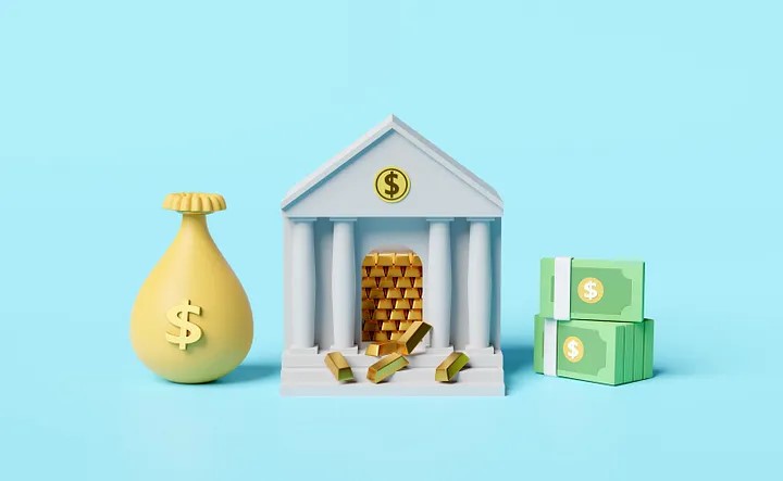 The image shows a bag of money, a representation of a government building with gold bars inside, and several packages of dollar bills