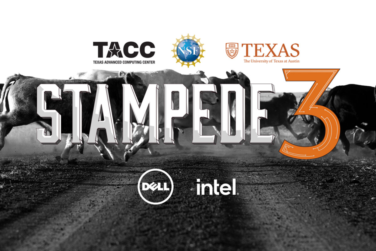 Image displays "STAMPEDE 3" super imposed on top of running cattle with sponsor logos for TACC, NSF, UT, Dell and Intel