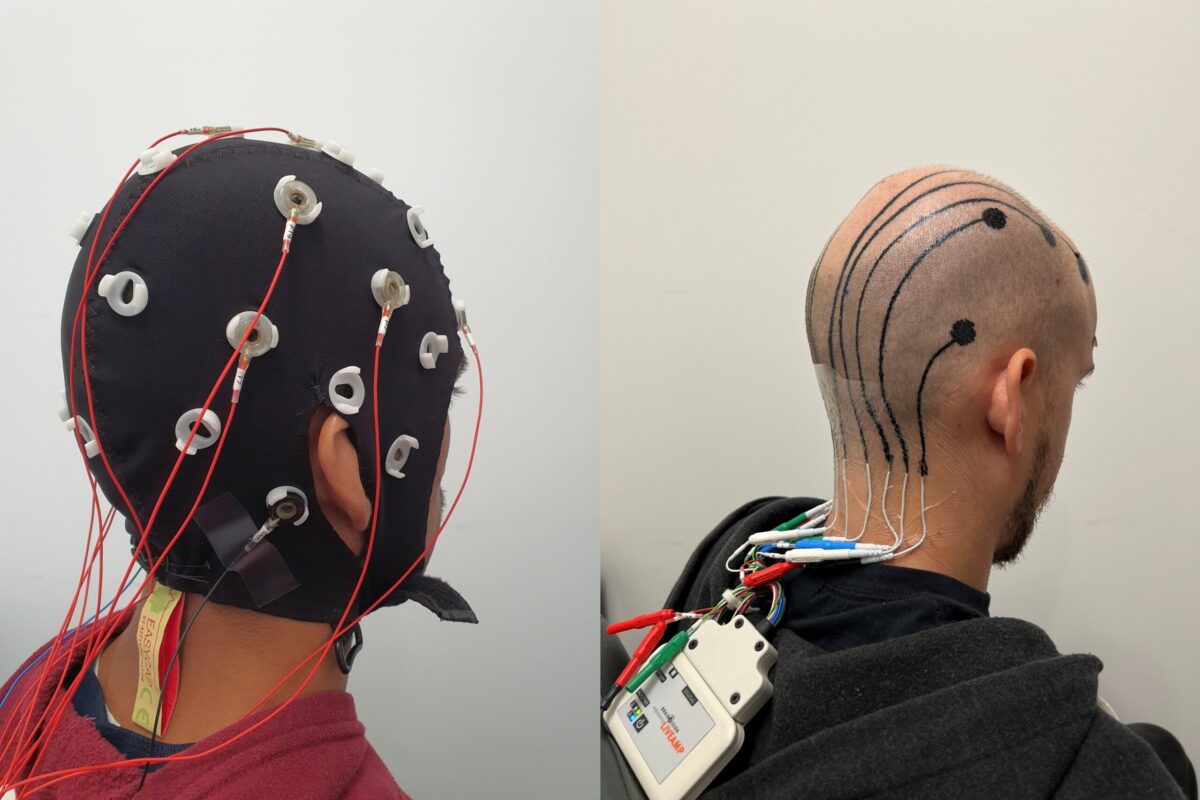 Photo on the left shows a head covered electrodes; photo on the right shows a shaved head with electronic tattoos