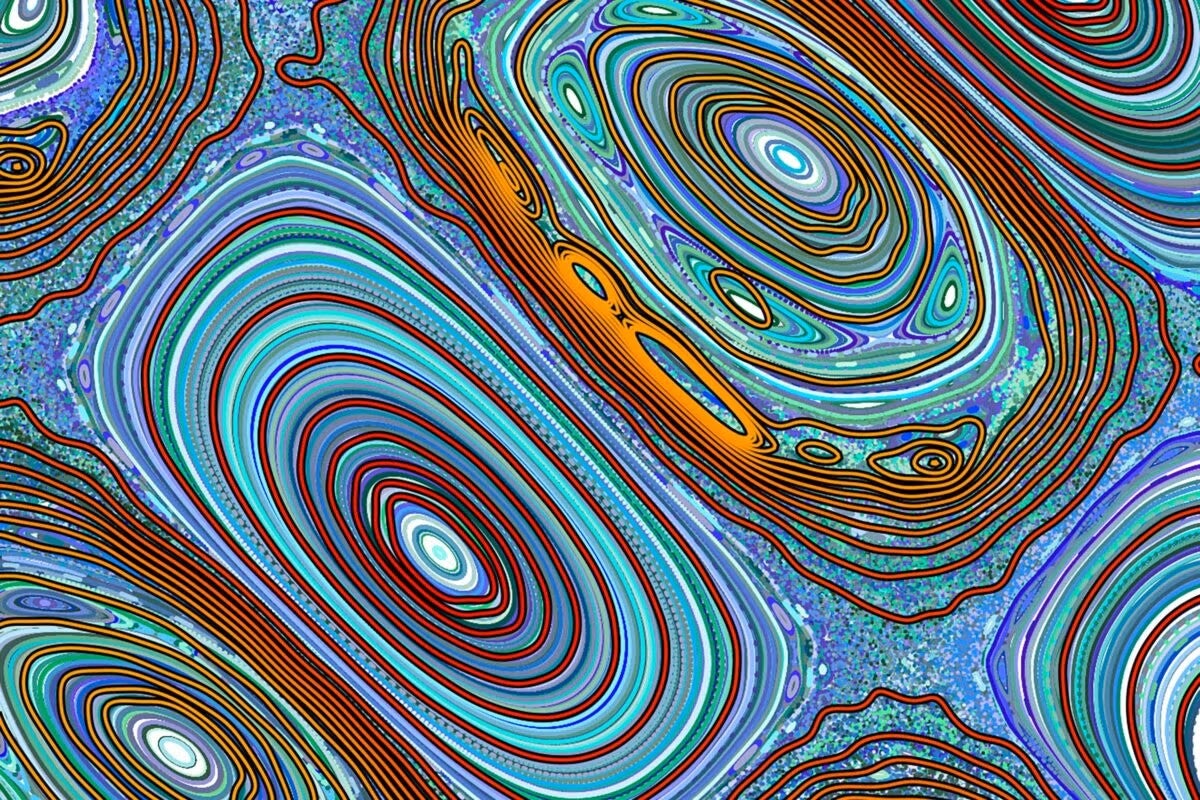 The image shows a colorful abstract pattern resembling geological formations or agate slices. The pattern consists of multiple concentric ovals and irregular shapes with varying colors, including shades of blue, red, orange, and brown. The shapes are outlined with thin lines that create a layered effect, giving the impression of depth and complexity.